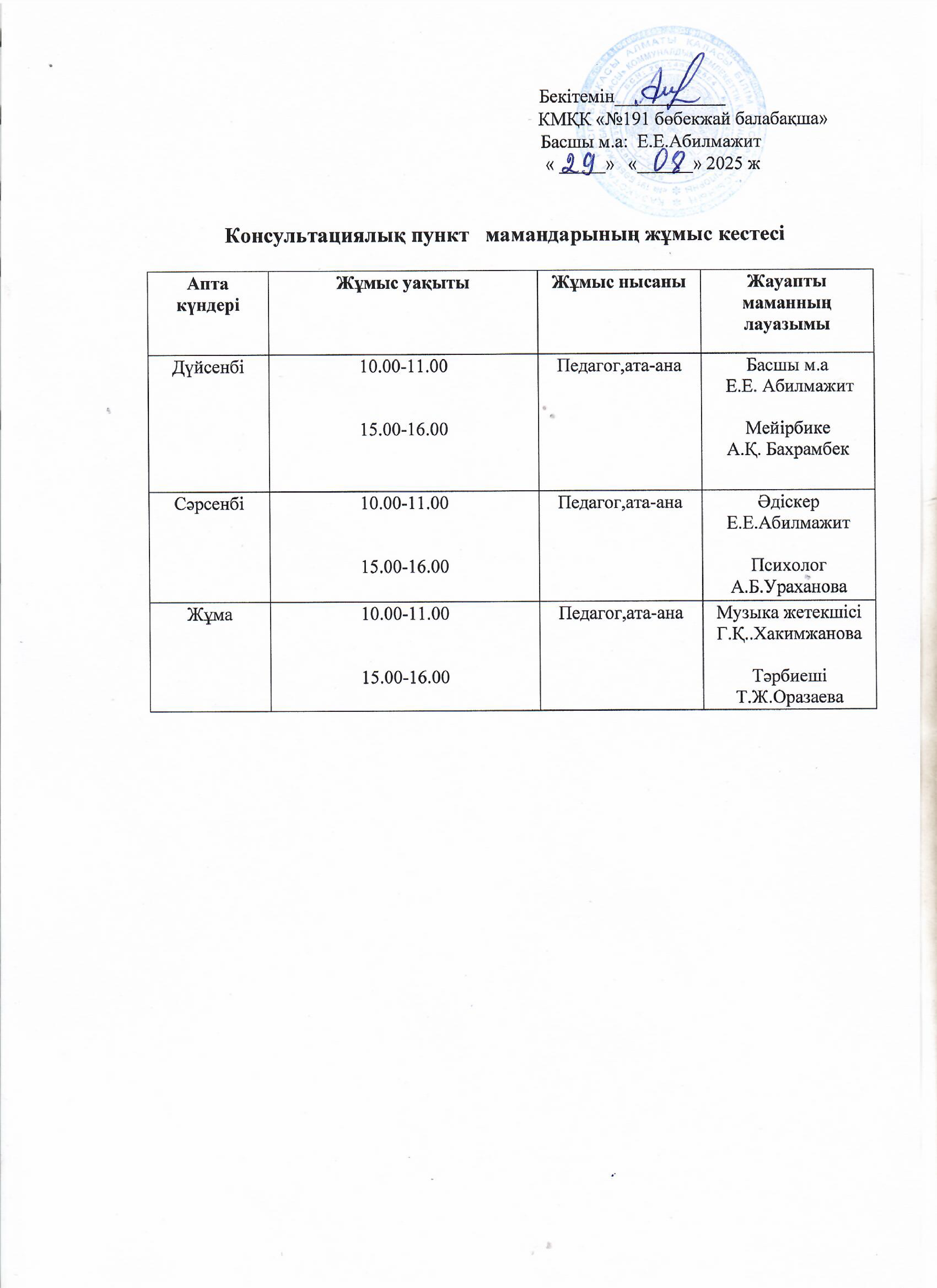 Жұмыс кестесі